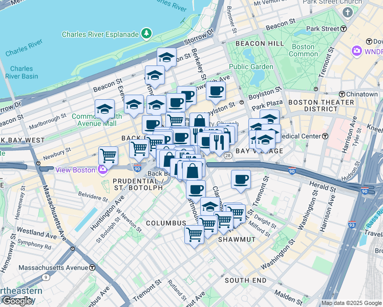 map of restaurants, bars, coffee shops, grocery stores, and more near 58 Trinity Place in Boston