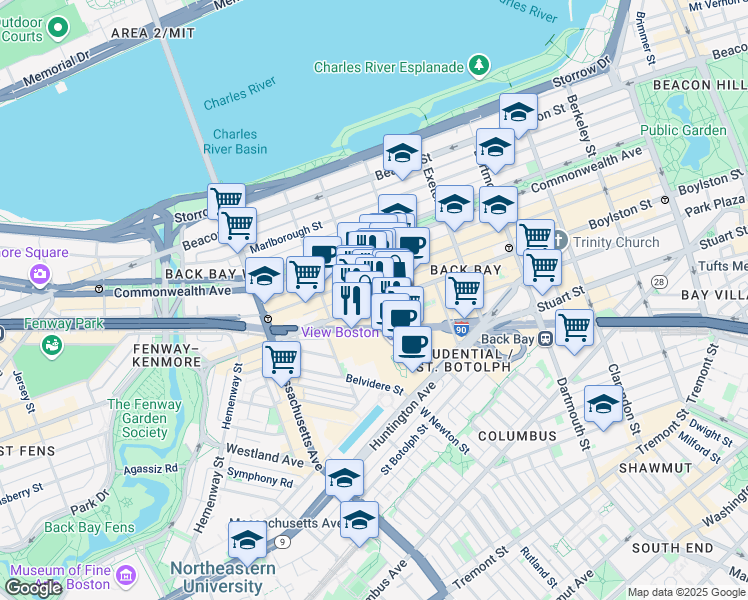 map of restaurants, bars, coffee shops, grocery stores, and more near 880 Boylston Street in Boston