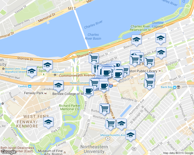 map of restaurants, bars, coffee shops, grocery stores, and more near 360 Newbury Street in Boston