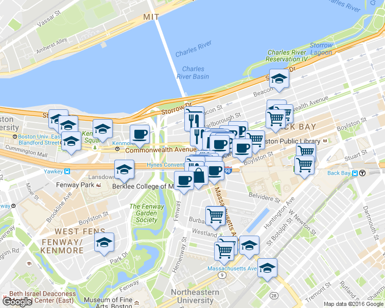 map of restaurants, bars, coffee shops, grocery stores, and more near 415 Newbury Street in Boston