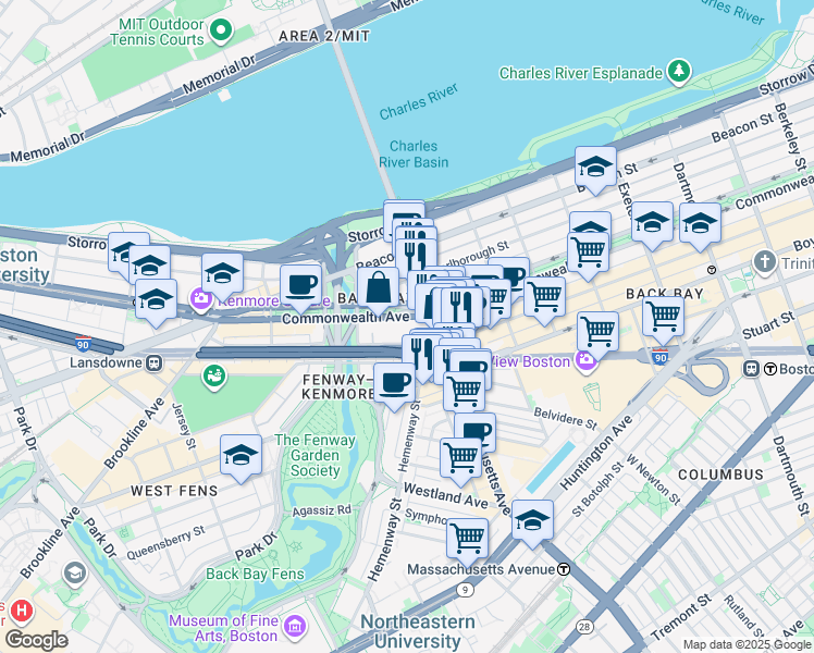 map of restaurants, bars, coffee shops, grocery stores, and more near 415 Newbury Street in Boston
