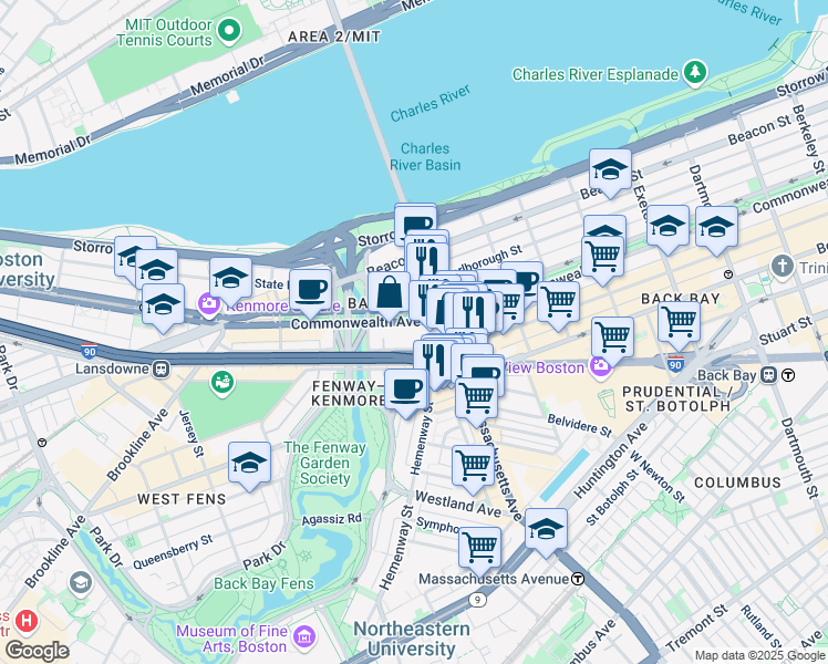 map of restaurants, bars, coffee shops, grocery stores, and more near 415 Newbury Street in Boston