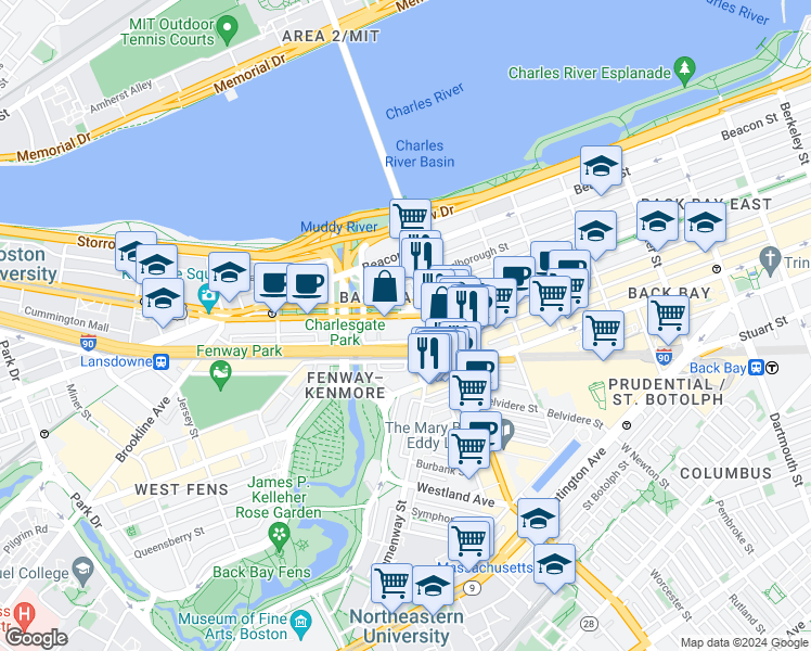 map of restaurants, bars, coffee shops, grocery stores, and more near 415 Newbury Street in Boston
