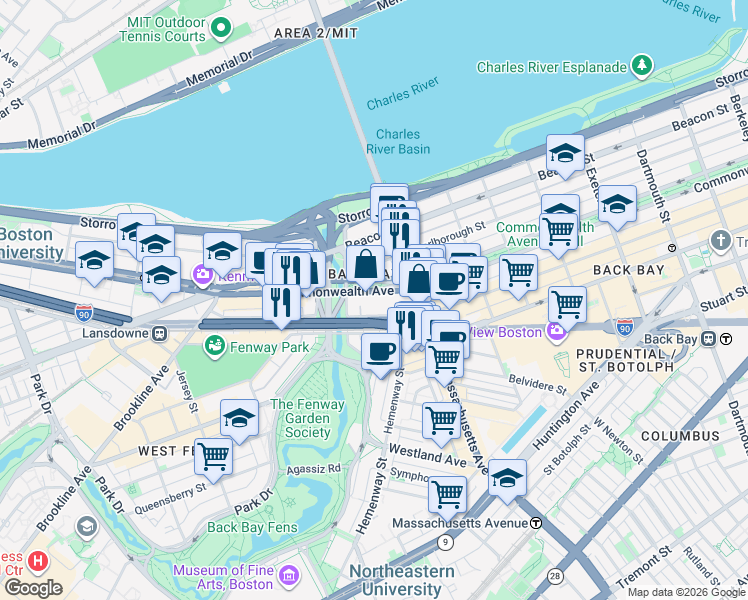 map of restaurants, bars, coffee shops, grocery stores, and more near 427 Newbury Street in Boston
