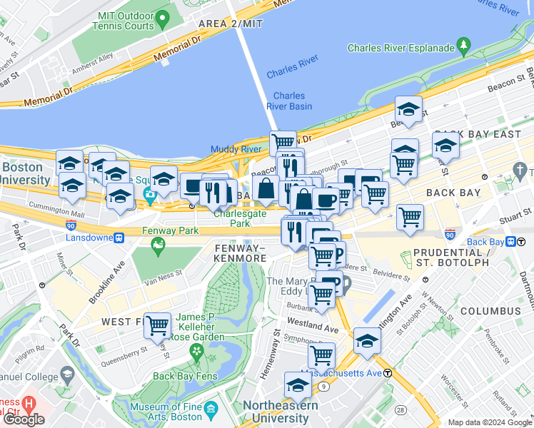 map of restaurants, bars, coffee shops, grocery stores, and more near 427 Newbury Street in Boston