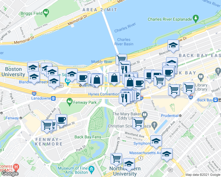 map of restaurants, bars, coffee shops, grocery stores, and more near 427 Newbury Street in Boston