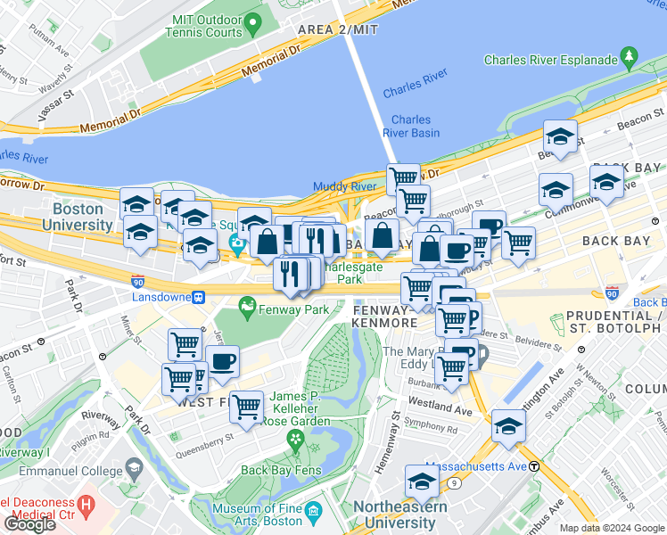 map of restaurants, bars, coffee shops, grocery stores, and more near 20 Charlesgate West in Boston