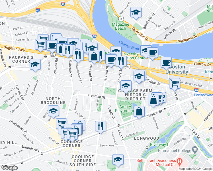 map of restaurants, bars, coffee shops, grocery stores, and more near in Brookline