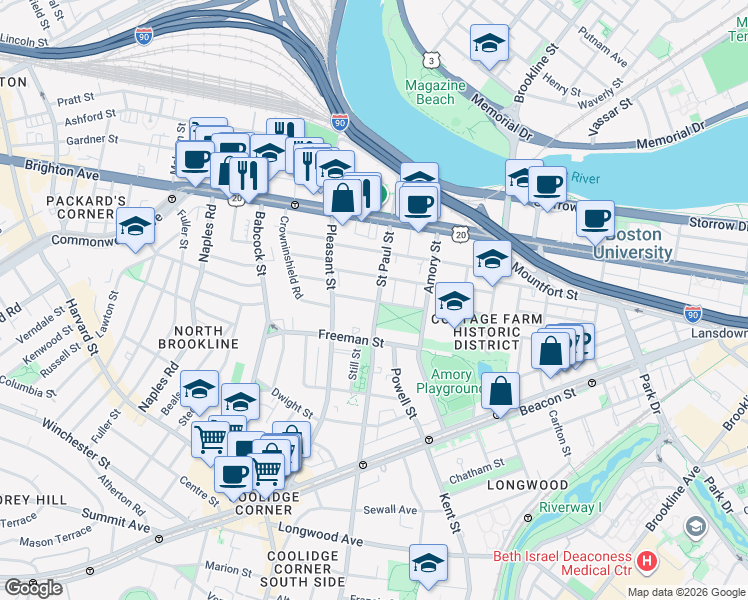 map of restaurants, bars, coffee shops, grocery stores, and more near in Brookline