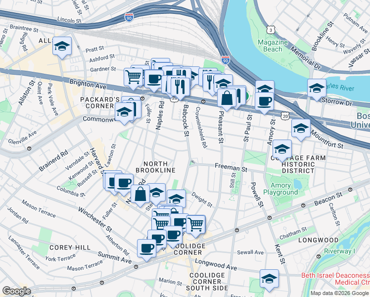 map of restaurants, bars, coffee shops, grocery stores, and more near 145 Babcock Street in Brookline