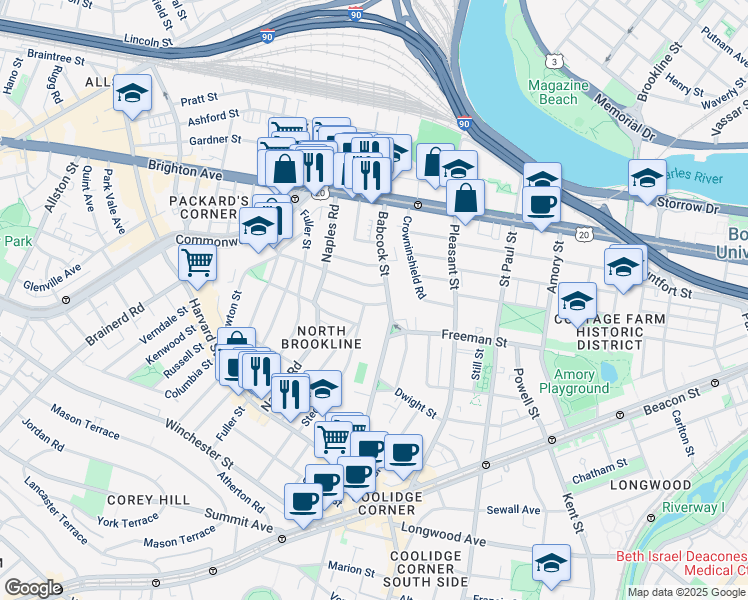 map of restaurants, bars, coffee shops, grocery stores, and more near 120 Stedman Street in Brookline