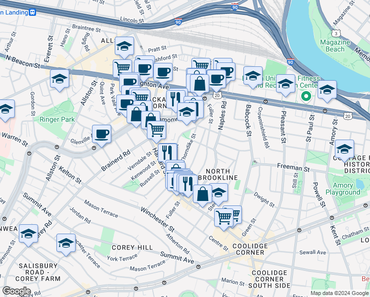 map of restaurants, bars, coffee shops, grocery stores, and more near 112 Thorndike Street in Brookline