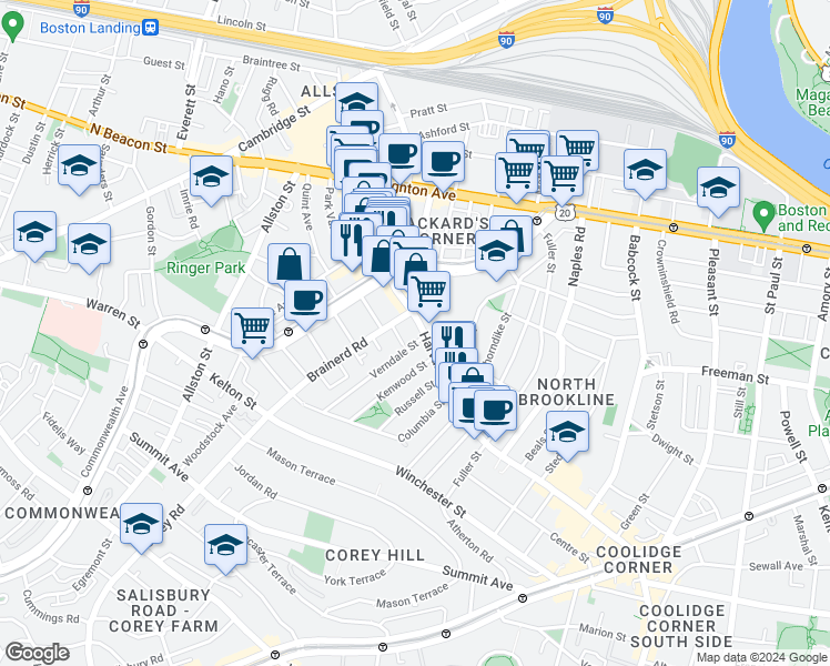 map of restaurants, bars, coffee shops, grocery stores, and more near 16 Verndale Street in Brookline