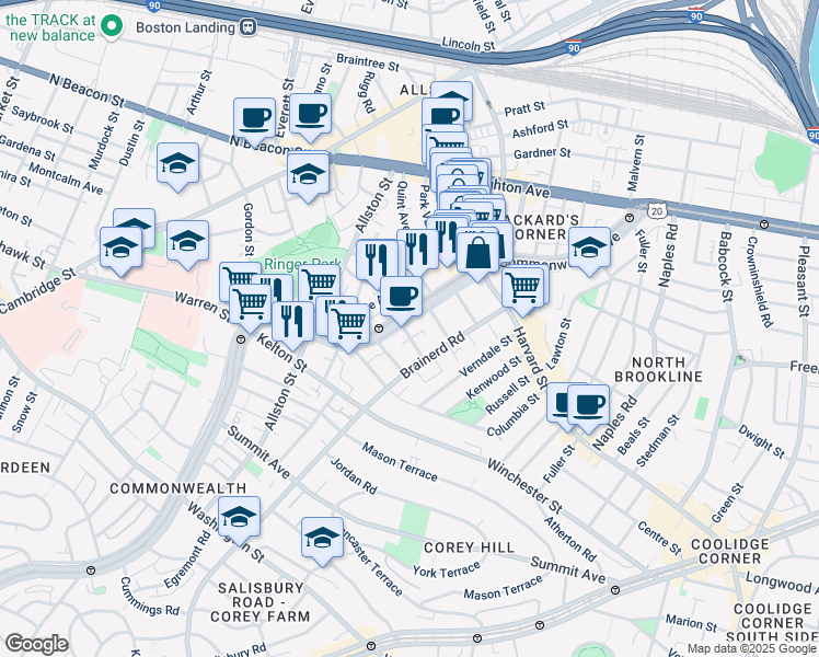 map of restaurants, bars, coffee shops, grocery stores, and more near 1322 Commonwealth Avenue in Boston