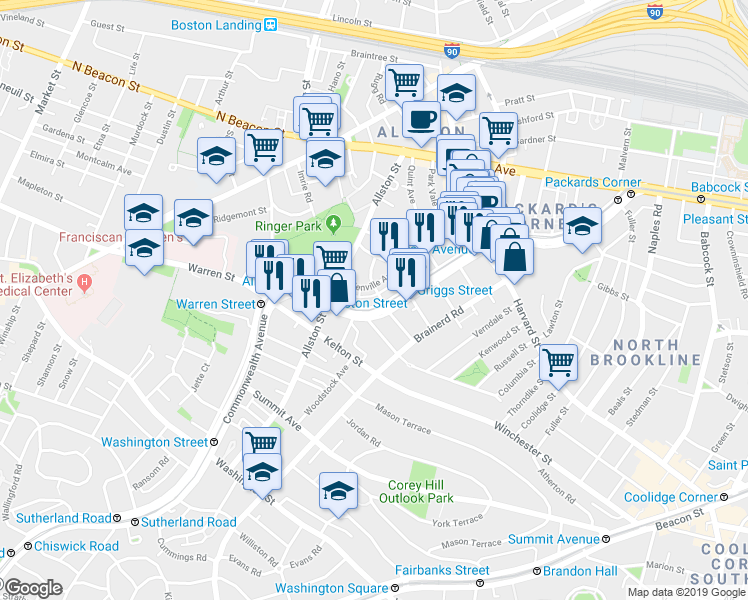 map of restaurants, bars, coffee shops, grocery stores, and more near 1348 Commonwealth Avenue in Boston