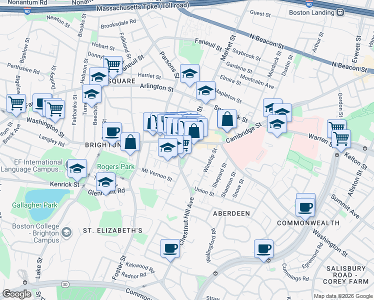 map of restaurants, bars, coffee shops, grocery stores, and more near 30 Chestnut Hill Avenue in Boston