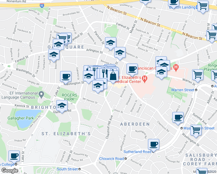 map of restaurants, bars, coffee shops, grocery stores, and more near 30 Chestnut Hill Avenue in Boston