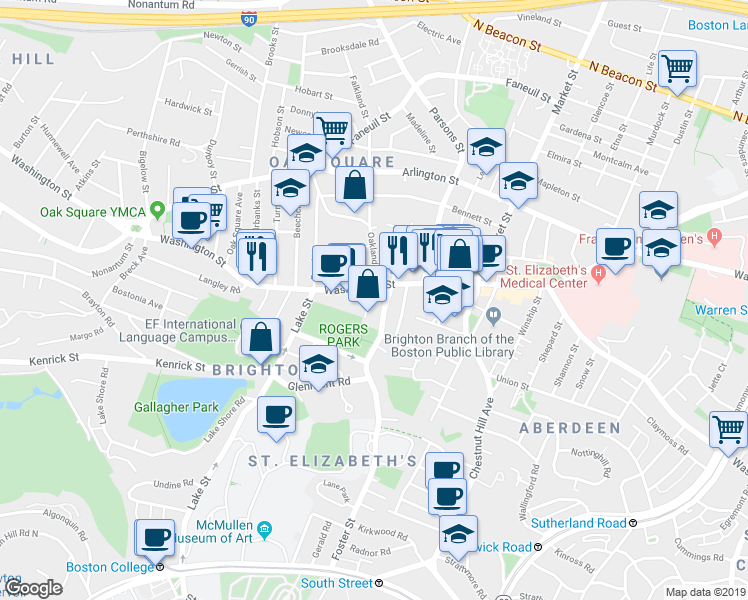 map of restaurants, bars, coffee shops, grocery stores, and more near 24 Shanley Street in Boston
