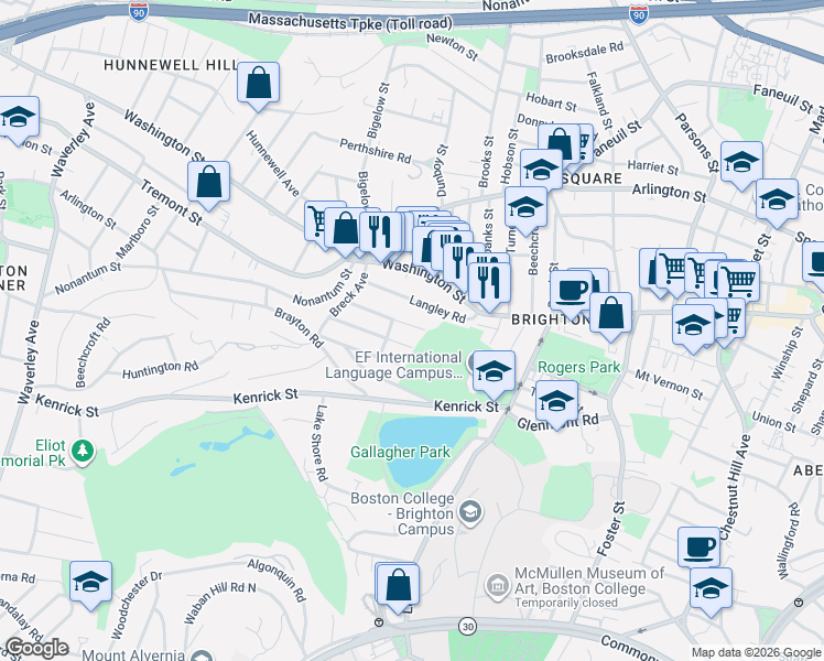 map of restaurants, bars, coffee shops, grocery stores, and more near 69 Bostonia Avenue in Boston