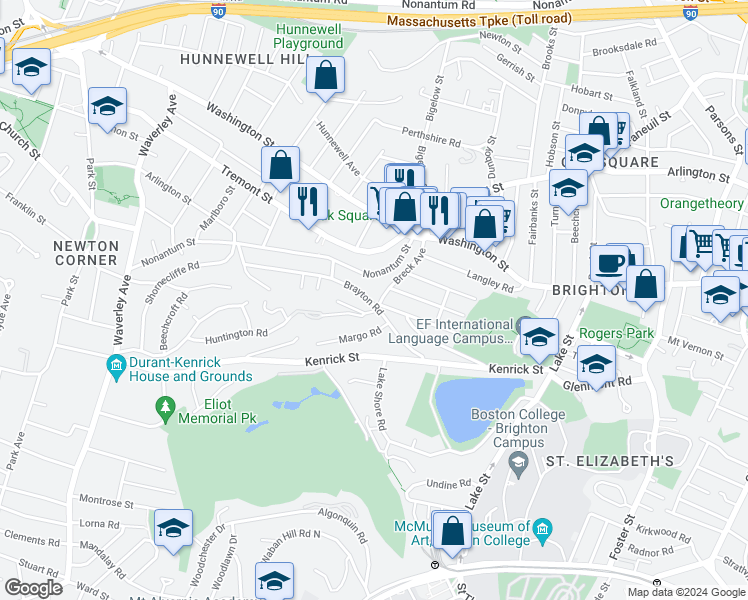 map of restaurants, bars, coffee shops, grocery stores, and more near 135 Huntington Road in Boston