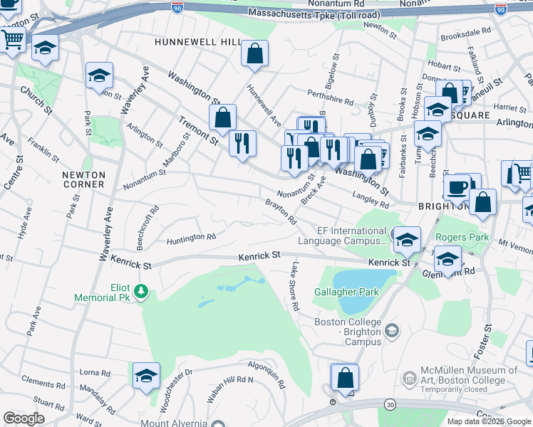 map of restaurants, bars, coffee shops, grocery stores, and more near 135 Huntington Road in Boston
