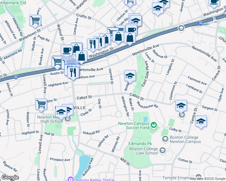 map of restaurants, bars, coffee shops, grocery stores, and more near 262 Cabot Street in Newton
