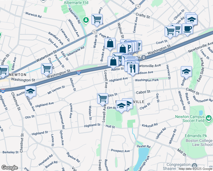 map of restaurants, bars, coffee shops, grocery stores, and more near 269 Lowell Avenue in Newton