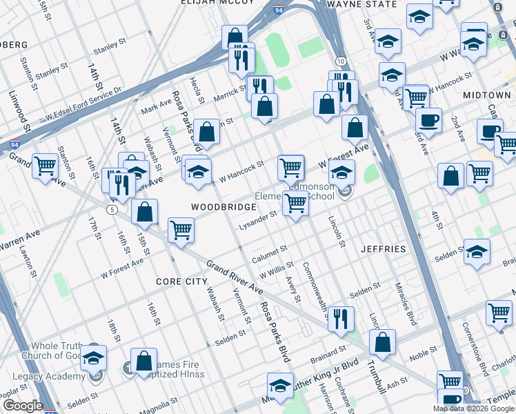 map of restaurants, bars, coffee shops, grocery stores, and more near 4446 Avery Street in Detroit