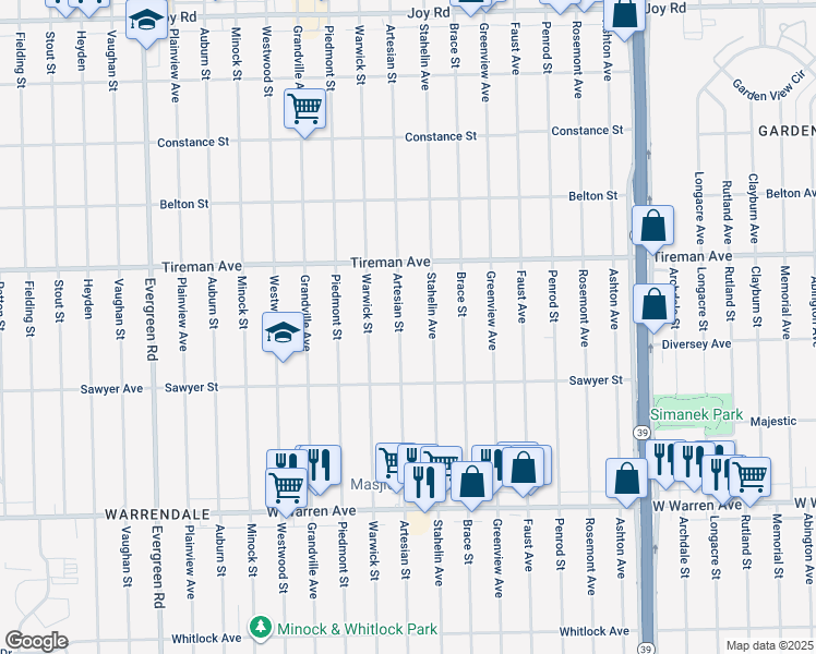 map of restaurants, bars, coffee shops, grocery stores, and more near 7671 Artesian Street in Detroit