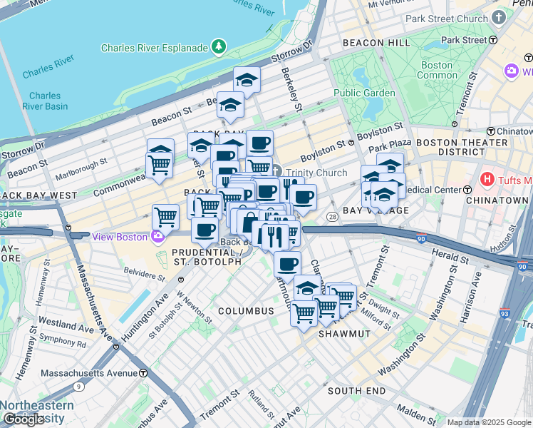 map of restaurants, bars, coffee shops, grocery stores, and more near 441 Stuart Street in Boston