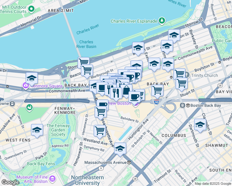 map of restaurants, bars, coffee shops, grocery stores, and more near 927 Boylston Street in Boston