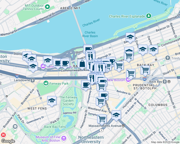 map of restaurants, bars, coffee shops, grocery stores, and more near 415 Newbury Street in Boston