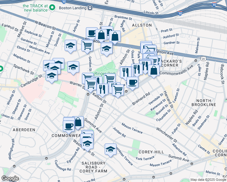 map of restaurants, bars, coffee shops, grocery stores, and more near 1375 Commonwealth Avenue in Boston