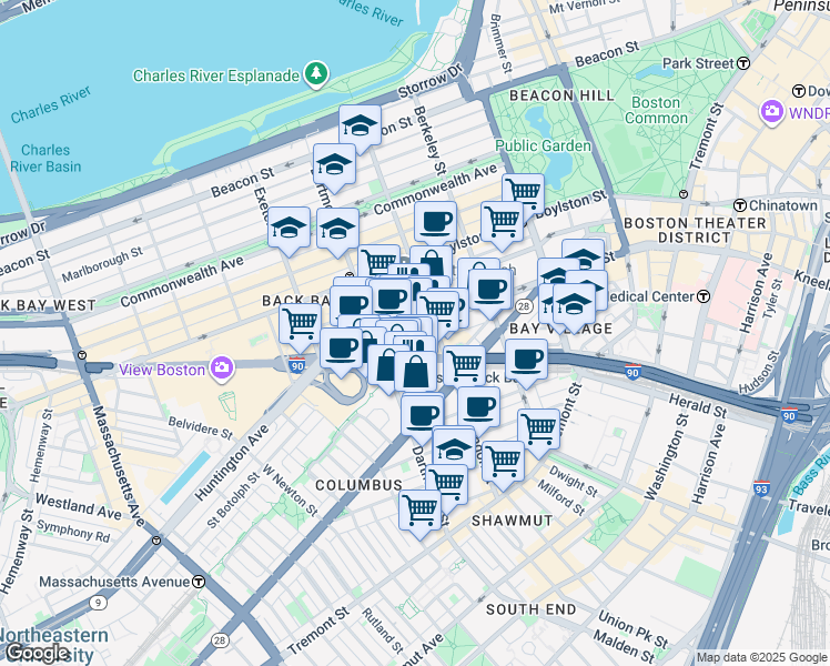 map of restaurants, bars, coffee shops, grocery stores, and more near 58 Trinity Place in Boston