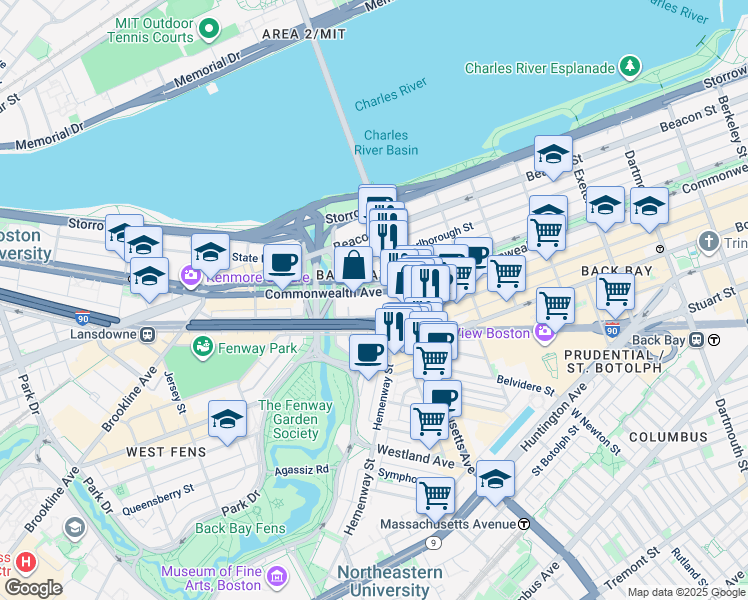map of restaurants, bars, coffee shops, grocery stores, and more near 415 Newbury Street in Boston