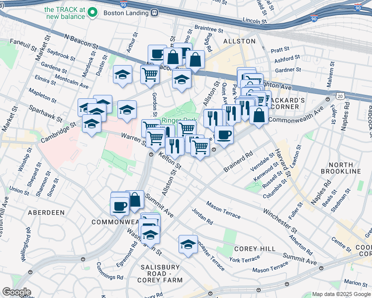 map of restaurants, bars, coffee shops, grocery stores, and more near 1381 Commonwealth Ave in ALLSTON