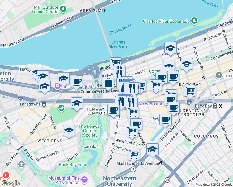 map of restaurants, bars, coffee shops, grocery stores, and more near 415 Newbury Street in Boston