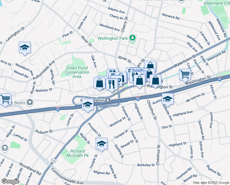 map of restaurants, bars, coffee shops, grocery stores, and more near 1362 Washington Street in Newton