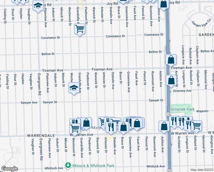 map of restaurants, bars, coffee shops, grocery stores, and more near 7671 Artesian Street in Detroit