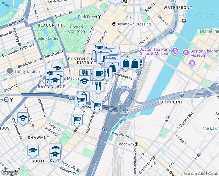 map of restaurants, bars, coffee shops, grocery stores, and more near 88 Hudson Street in Boston