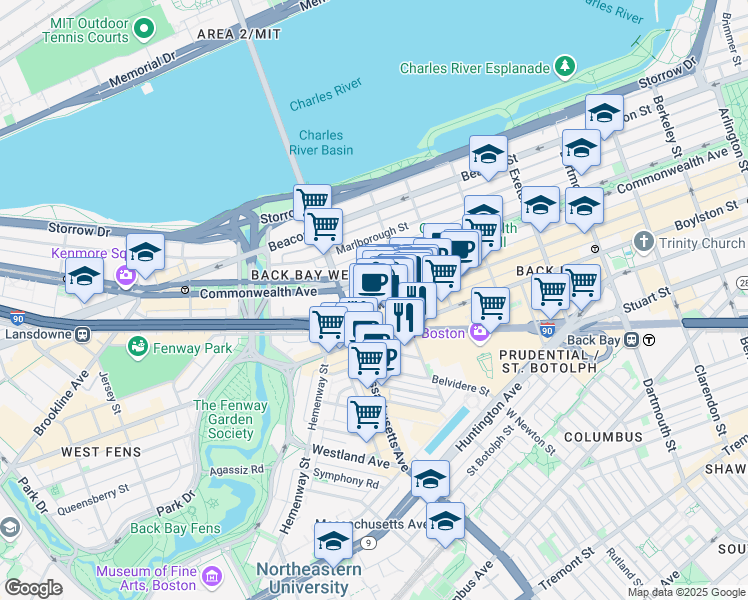 map of restaurants, bars, coffee shops, grocery stores, and more near 959 Boylston Street in Boston
