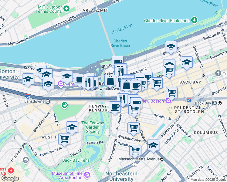 map of restaurants, bars, coffee shops, grocery stores, and more near 390 Commonwealth Avenue in Boston
