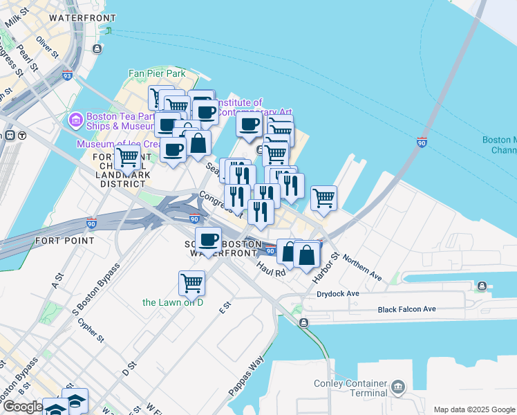 map of restaurants, bars, coffee shops, grocery stores, and more near 575 D Street in Boston