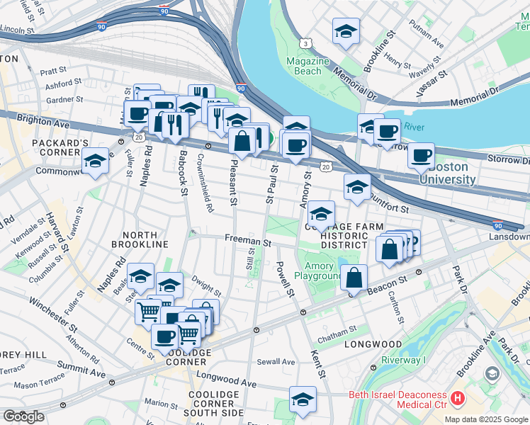 map of restaurants, bars, coffee shops, grocery stores, and more near in Brookline