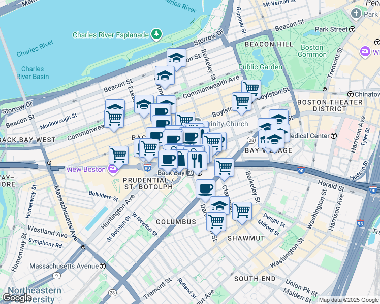 map of restaurants, bars, coffee shops, grocery stores, and more near 441 Stuart Street in Boston