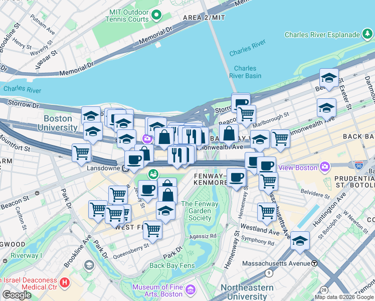 map of restaurants, bars, coffee shops, grocery stores, and more near 533 Newbury Street in Boston