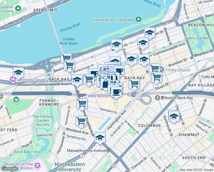map of restaurants, bars, coffee shops, grocery stores, and more near 880 Boylston Street in Boston