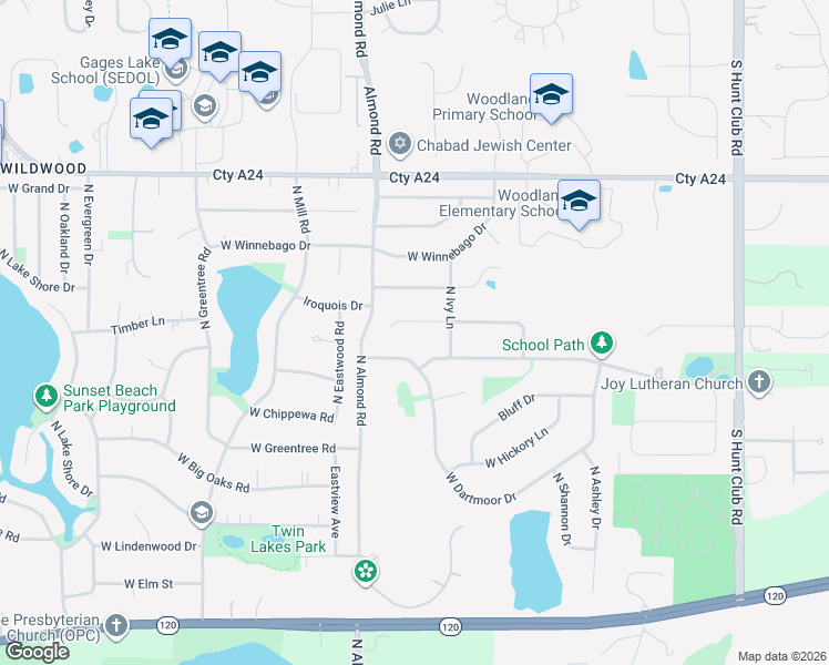 map of restaurants, bars, coffee shops, grocery stores, and more near 17652 West Dartmoor Drive in Grayslake