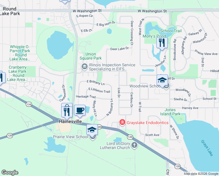 map of restaurants, bars, coffee shops, grocery stores, and more near 243 East Littleton Trail in Hainesville