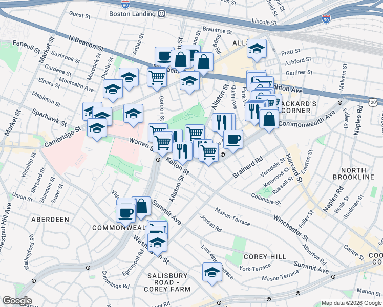 map of restaurants, bars, coffee shops, grocery stores, and more near 131 Allston Street in Boston